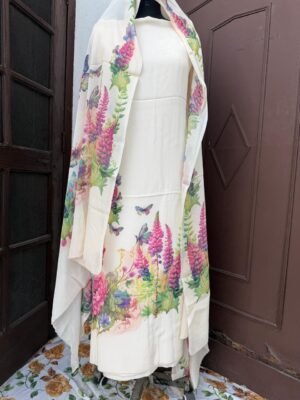 Cream Crepe Digital Printed 3 Piece Suit Set